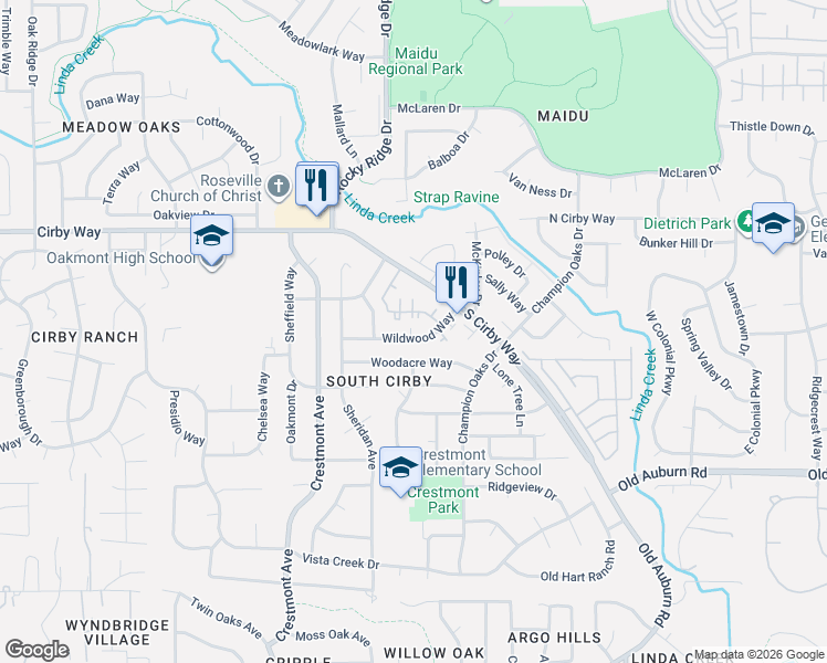 map of restaurants, bars, coffee shops, grocery stores, and more near 1900 South Cirby Way in Roseville