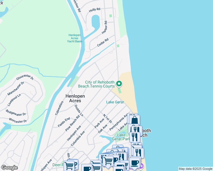 map of restaurants, bars, coffee shops, grocery stores, and more near 4 Zwaanendael Road in Rehoboth Beach