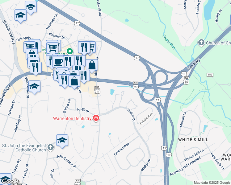 map of restaurants, bars, coffee shops, grocery stores, and more near 534 Highland Towne Lane in Warrenton