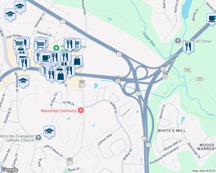 map of restaurants, bars, coffee shops, grocery stores, and more near 112 Dorset Lane in Warrenton