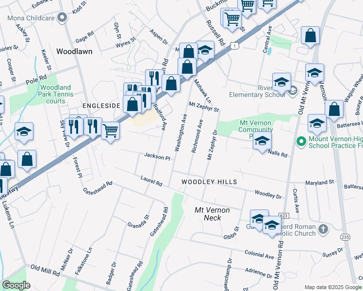 map of restaurants, bars, coffee shops, grocery stores, and more near 8509 Washington Avenue in Alexandria