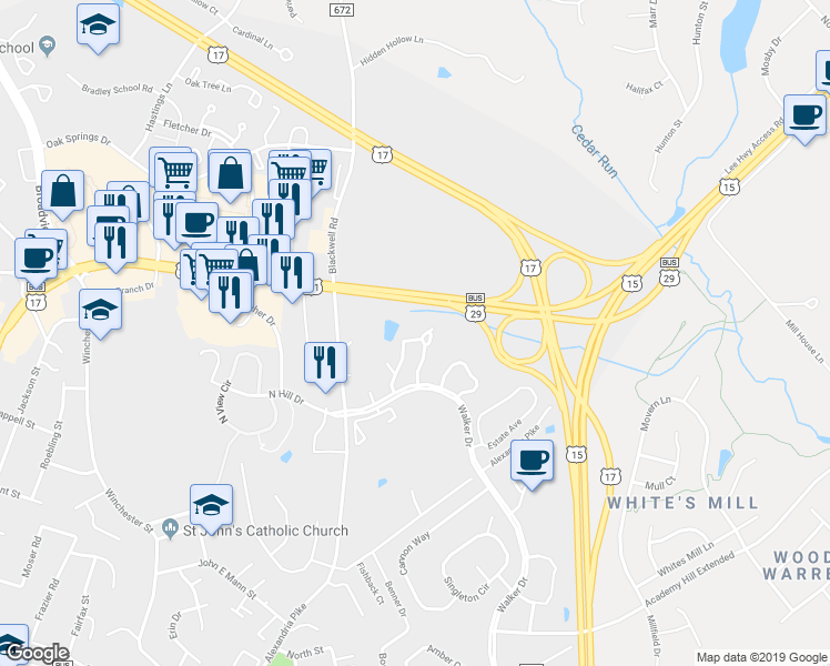map of restaurants, bars, coffee shops, grocery stores, and more near 546 Highland Towne Lane in Warrenton