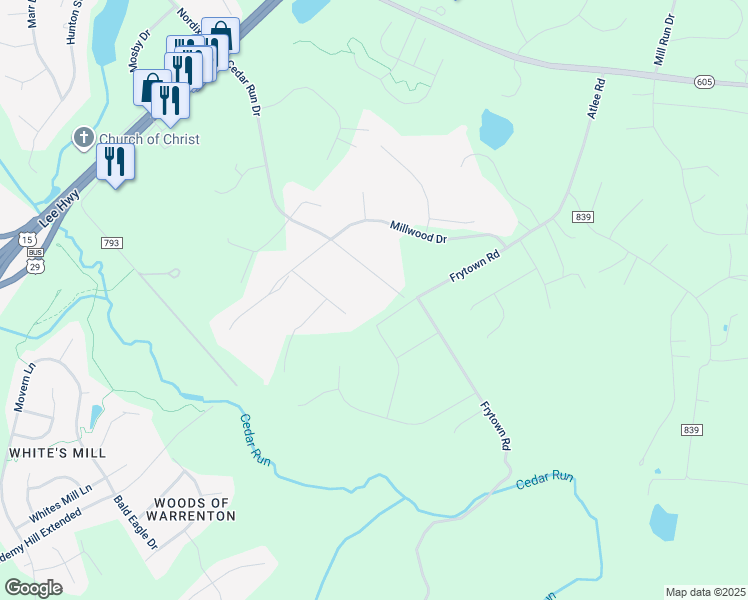 map of restaurants, bars, coffee shops, grocery stores, and more near 7470 Cedar Run Drive in Warrenton
