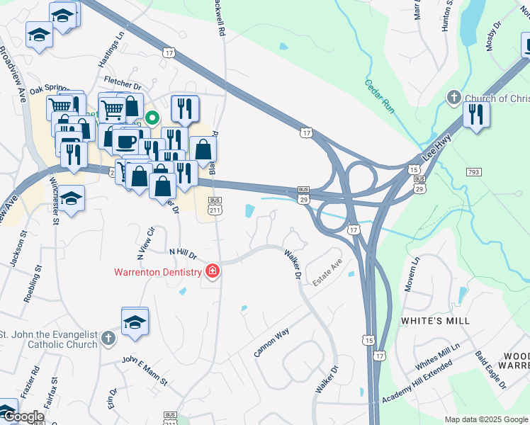 map of restaurants, bars, coffee shops, grocery stores, and more near 546 Highland Towne Lane in Warrenton