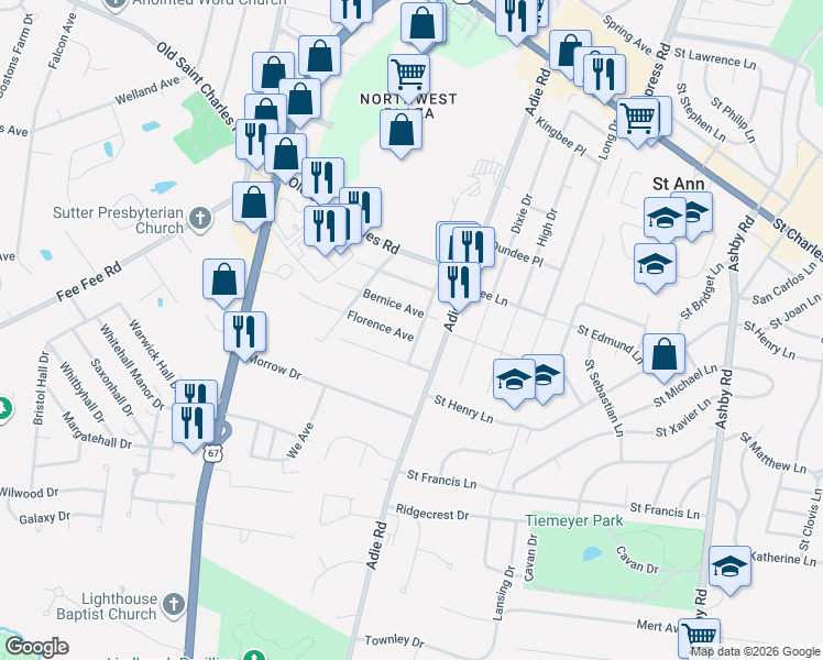 map of restaurants, bars, coffee shops, grocery stores, and more near 11021 Bernice Avenue in Saint Ann