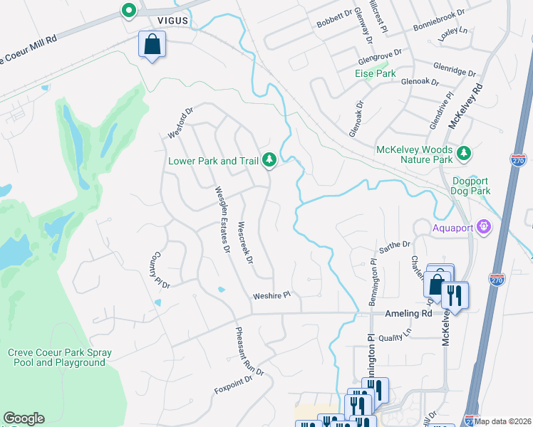 map of restaurants, bars, coffee shops, grocery stores, and more near 2394 Wesford Drive in Maryland Heights