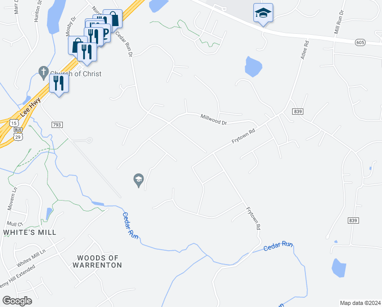 map of restaurants, bars, coffee shops, grocery stores, and more near 7470 Cedar Run Drive in Warrenton