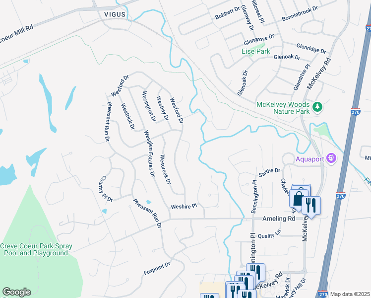 map of restaurants, bars, coffee shops, grocery stores, and more near 2361 Wesbriar Court in Maryland Heights