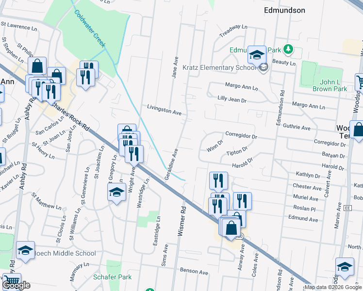 map of restaurants, bars, coffee shops, grocery stores, and more near 3825 Geraldine Avenue in Saint Ann