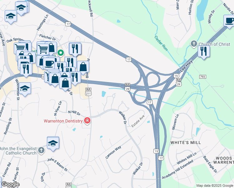 map of restaurants, bars, coffee shops, grocery stores, and more near 110 Dorset Lane in Warrenton