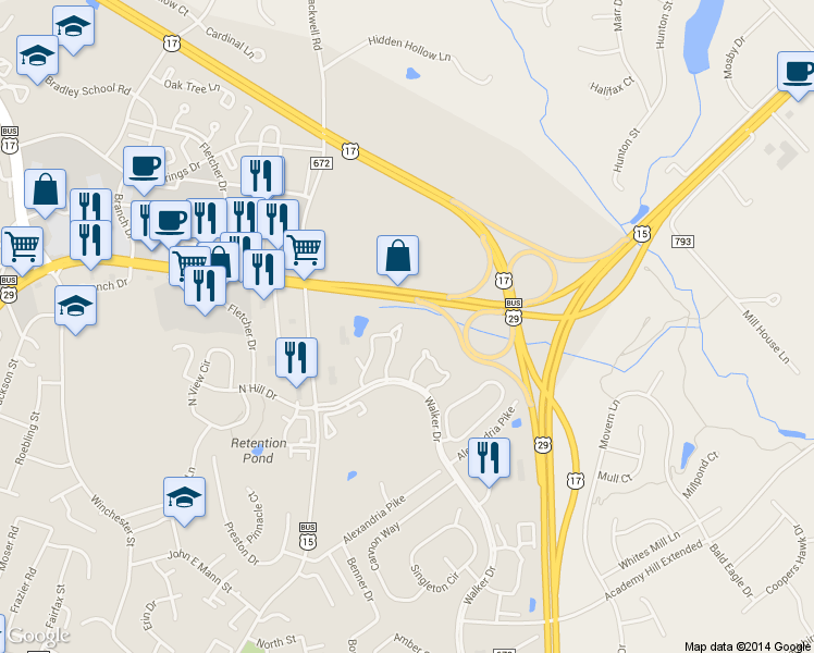 map of restaurants, bars, coffee shops, grocery stores, and more near 110 Dorset Lane in Warrenton