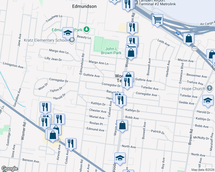 map of restaurants, bars, coffee shops, grocery stores, and more near 9403 Corregidor Drive in St. Louis