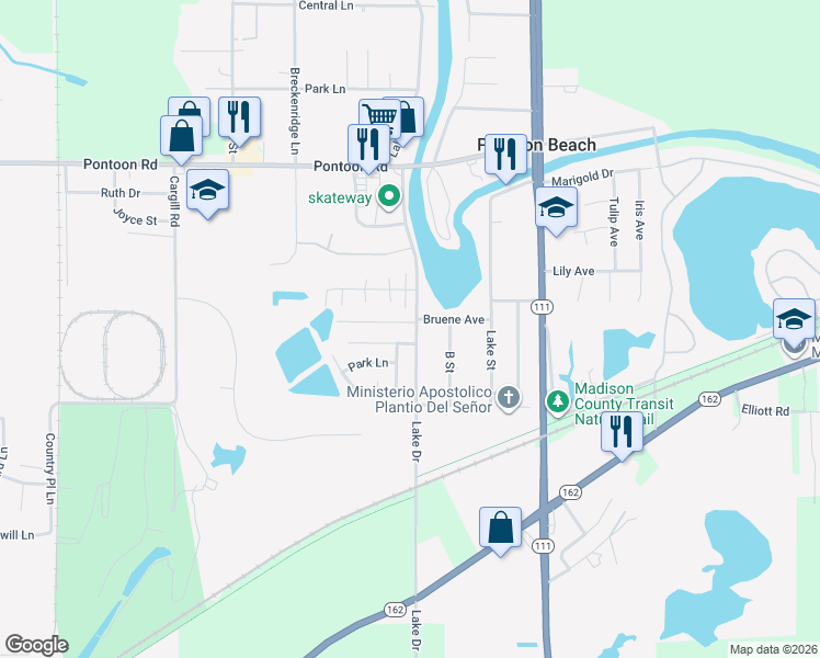 map of restaurants, bars, coffee shops, grocery stores, and more near 4073 Bruene Avenue in Pontoon Beach