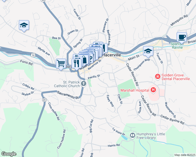 map of restaurants, bars, coffee shops, grocery stores, and more near 847 Pacific Street in Placerville
