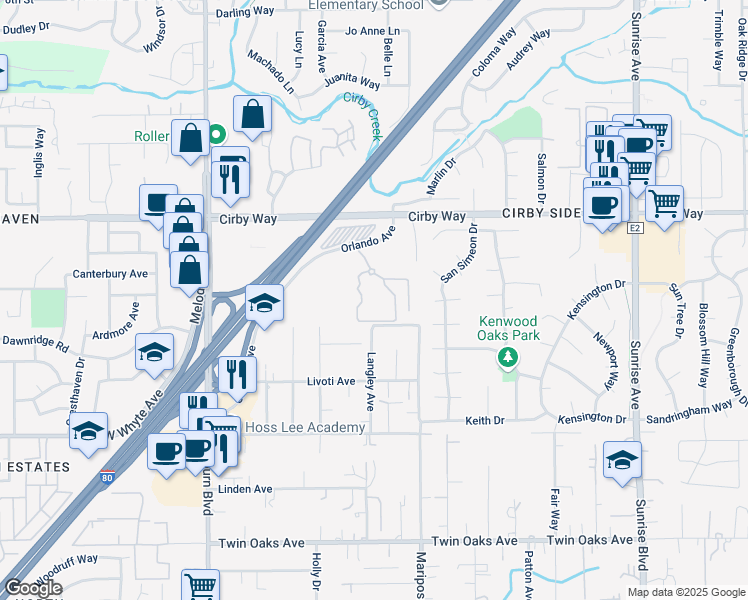 map of restaurants, bars, coffee shops, grocery stores, and more near 3 Somer Ridge Drive in Roseville