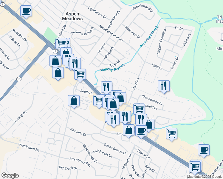 map of restaurants, bars, coffee shops, grocery stores, and more near 200 Pebble Drive in Rehoboth Beach