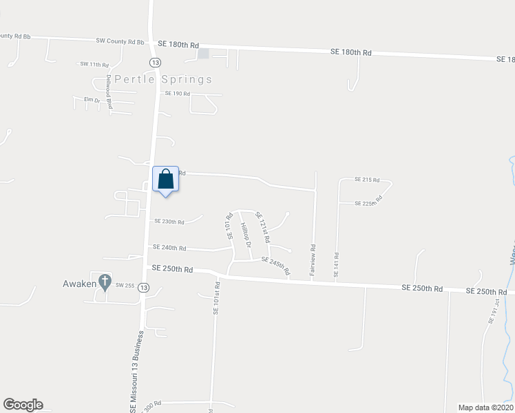 map of restaurants, bars, coffee shops, grocery stores, and more near 225 Southeast 121st Road in Warrensburg