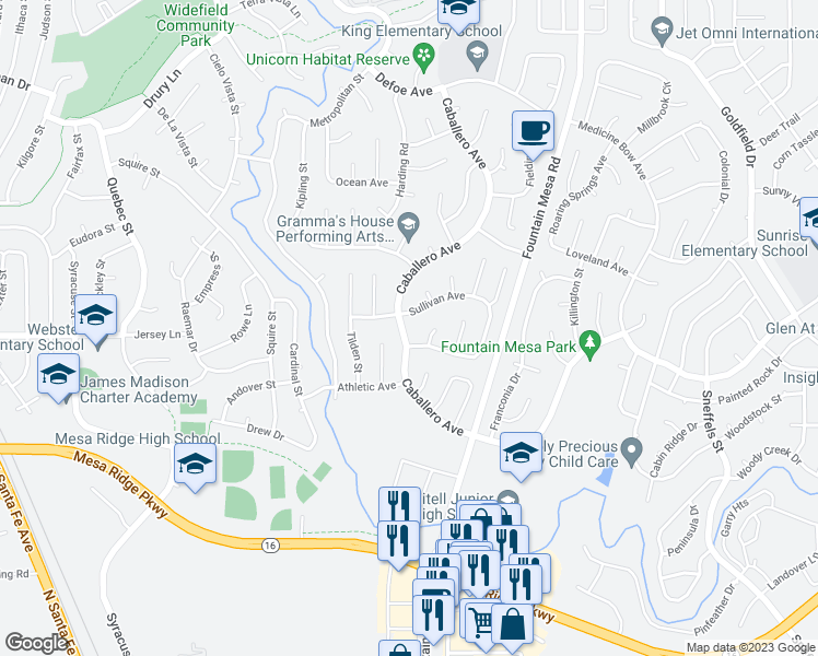 map of restaurants, bars, coffee shops, grocery stores, and more near 7235 Caballero Avenue in Colorado Springs
