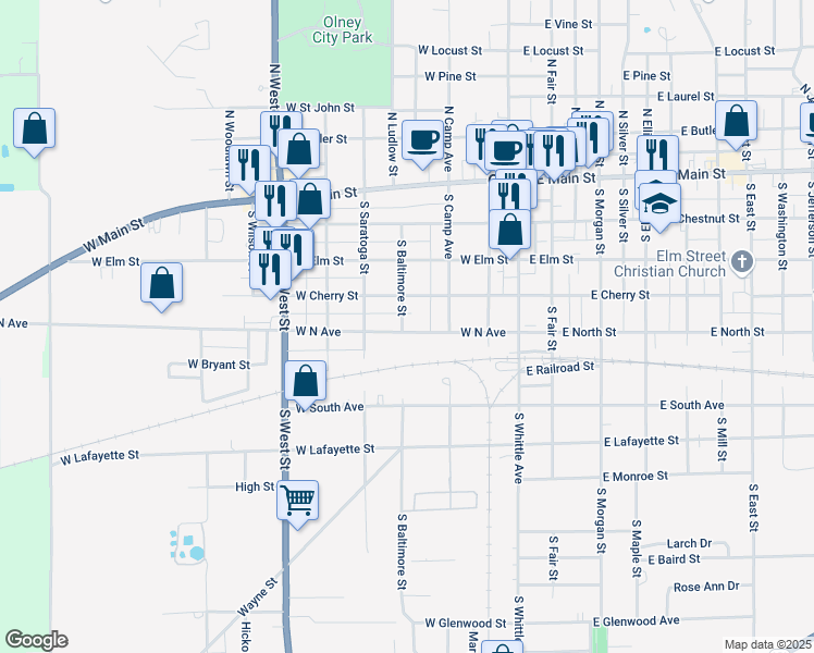 map of restaurants, bars, coffee shops, grocery stores, and more near 450 South Baltimore Street in Olney