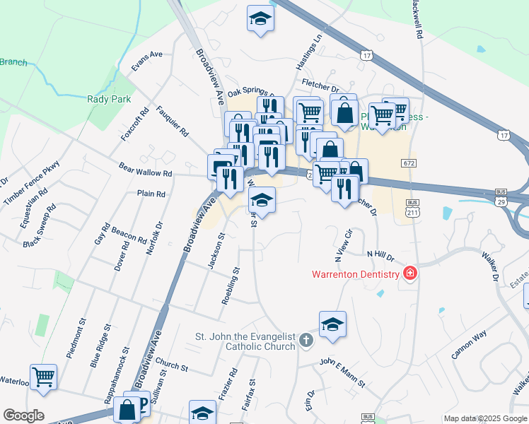 map of restaurants, bars, coffee shops, grocery stores, and more near 535 Winchester Street in Warrenton