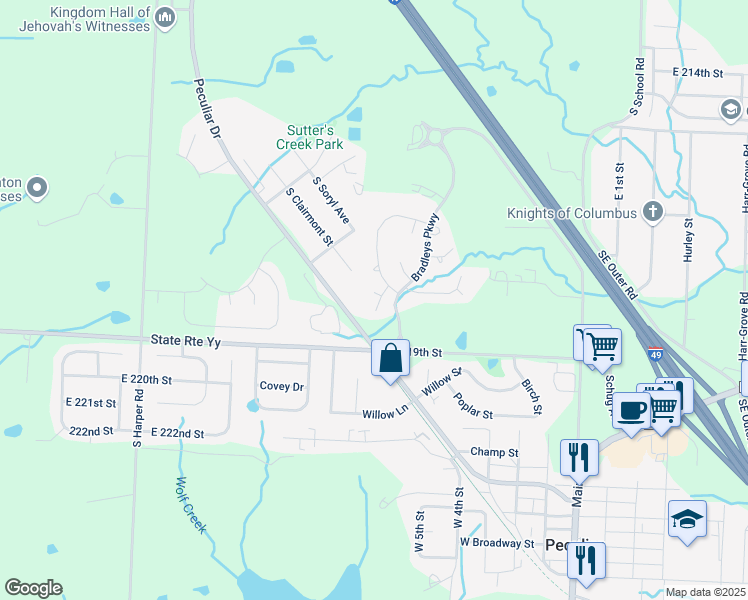 map of restaurants, bars, coffee shops, grocery stores, and more near 21714 Southcreek Court in Peculiar