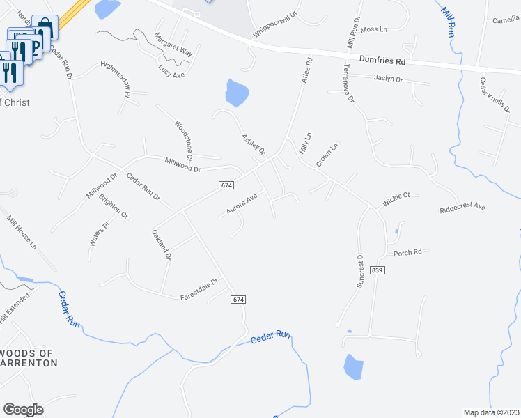 map of restaurants, bars, coffee shops, grocery stores, and more near 7430 Whisperwood Drive in Warrenton
