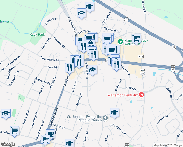 map of restaurants, bars, coffee shops, grocery stores, and more near 535 Winchester Street in Warrenton