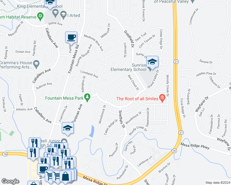 map of restaurants, bars, coffee shops, grocery stores, and more near 7415 Silverdale Street in Colorado Springs