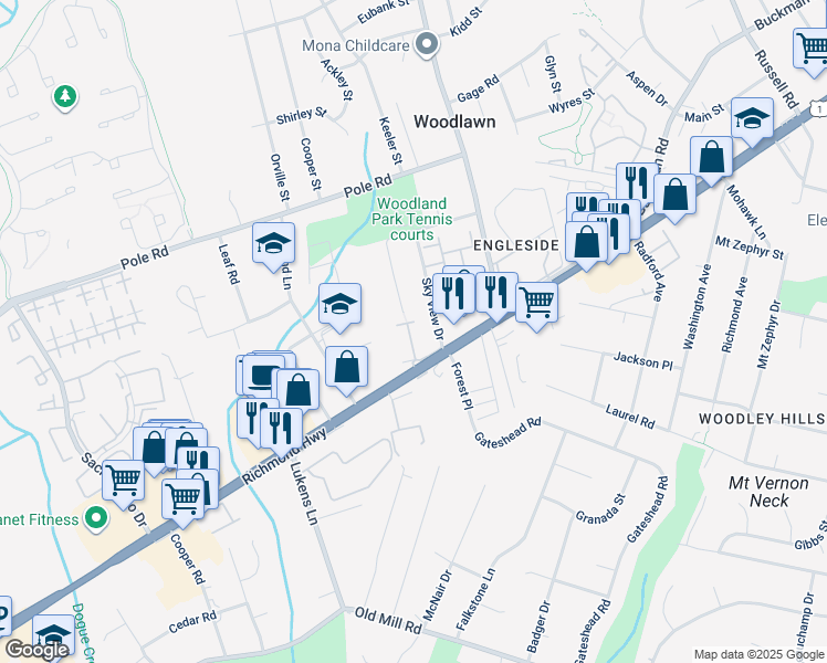 map of restaurants, bars, coffee shops, grocery stores, and more near 8515 Towne Manor Court in Alexandria