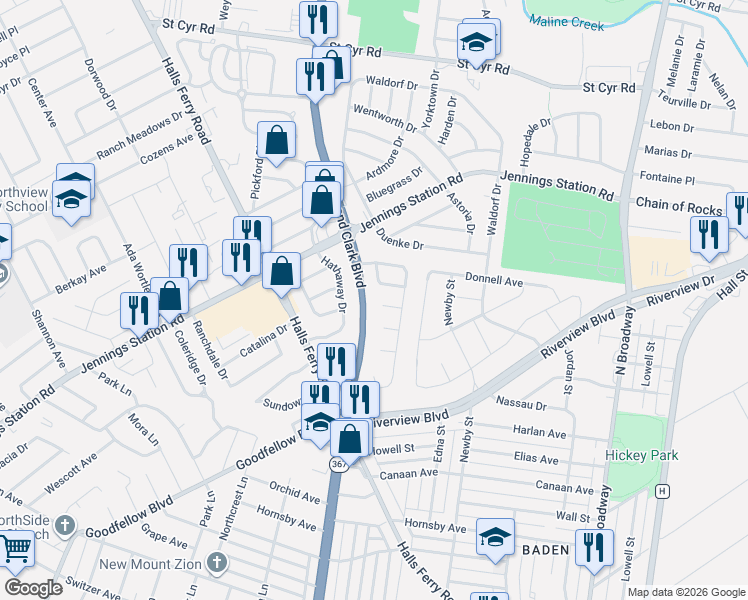 map of restaurants, bars, coffee shops, grocery stores, and more near 1216 Garwood Drive in St. Louis
