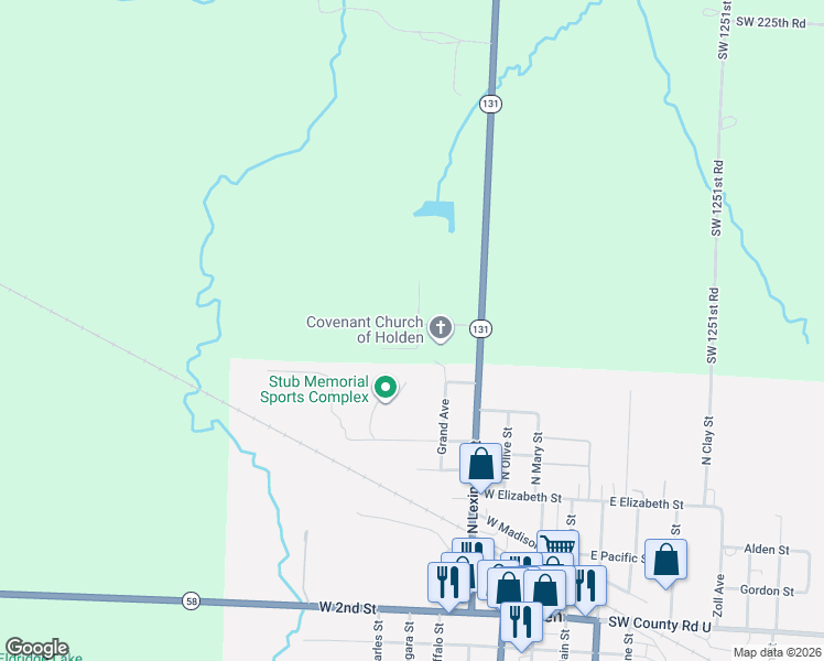 map of restaurants, bars, coffee shops, grocery stores, and more near 292 Southwest 1311 Road in Holden
