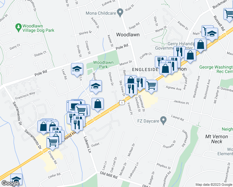 map of restaurants, bars, coffee shops, grocery stores, and more near 8515 Towne Manor Court in Alexandria