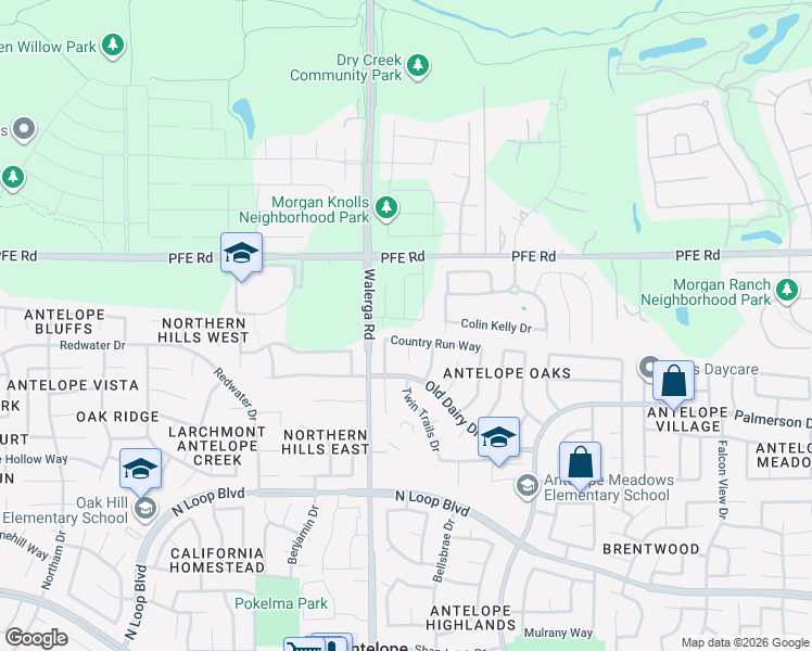 map of restaurants, bars, coffee shops, grocery stores, and more near 4345 Country Run Way in Sacramento