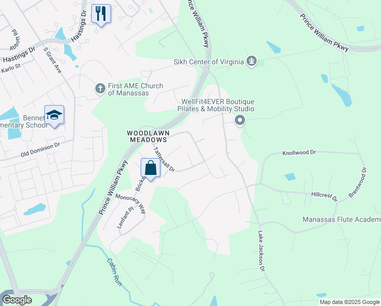 map of restaurants, bars, coffee shops, grocery stores, and more near 10649 Tattersall Drive in Manassas