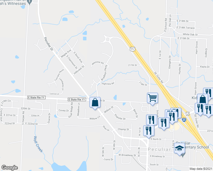 map of restaurants, bars, coffee shops, grocery stores, and more near 11005 Highview Road in Peculiar