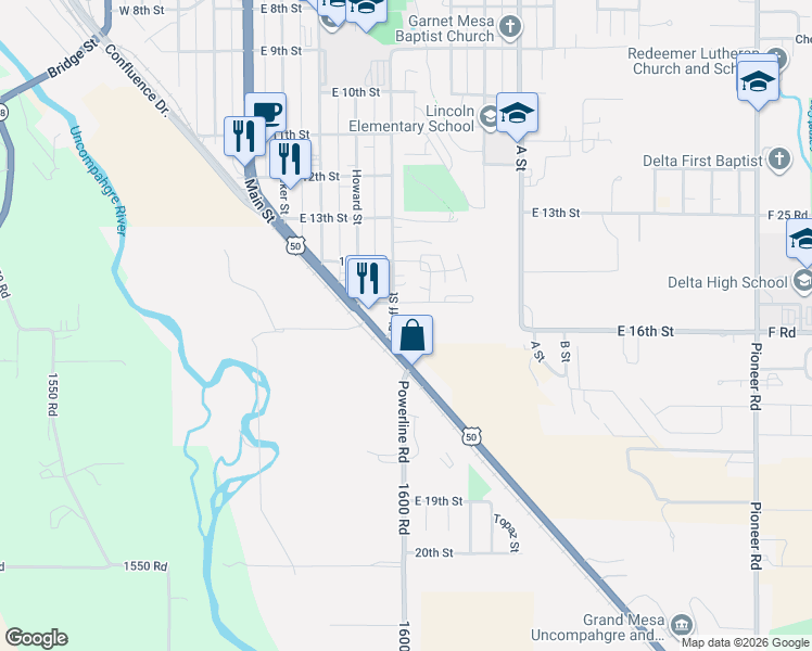 map of restaurants, bars, coffee shops, grocery stores, and more near 1540 Bluff Street in Delta