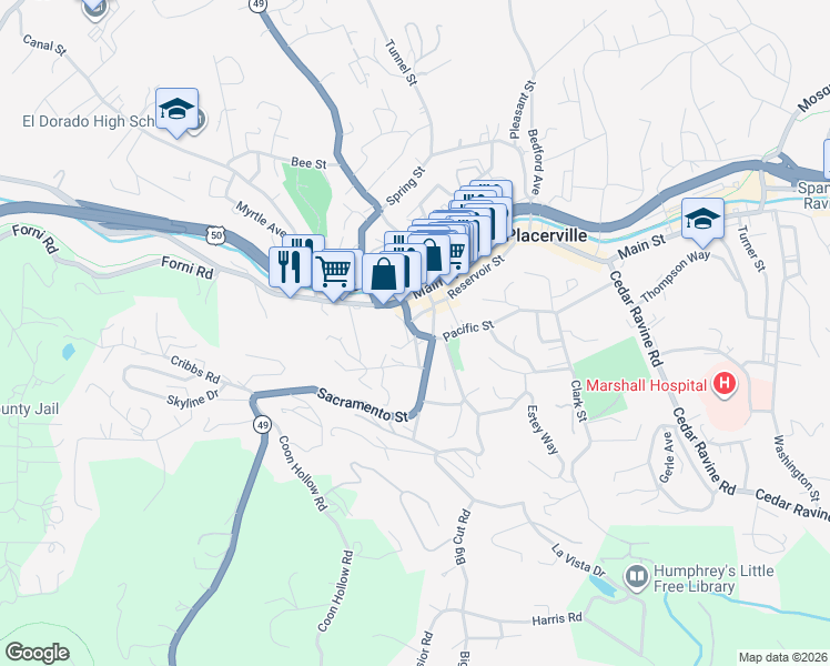 map of restaurants, bars, coffee shops, grocery stores, and more near 3001 Chapel Street in Placerville