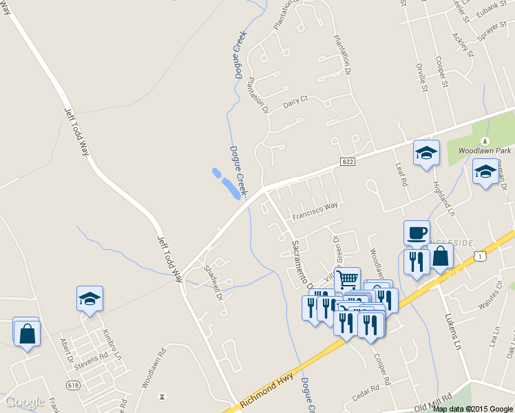 map of restaurants, bars, coffee shops, grocery stores, and more near 5518 Woodlawn Manor Court in Alexandria