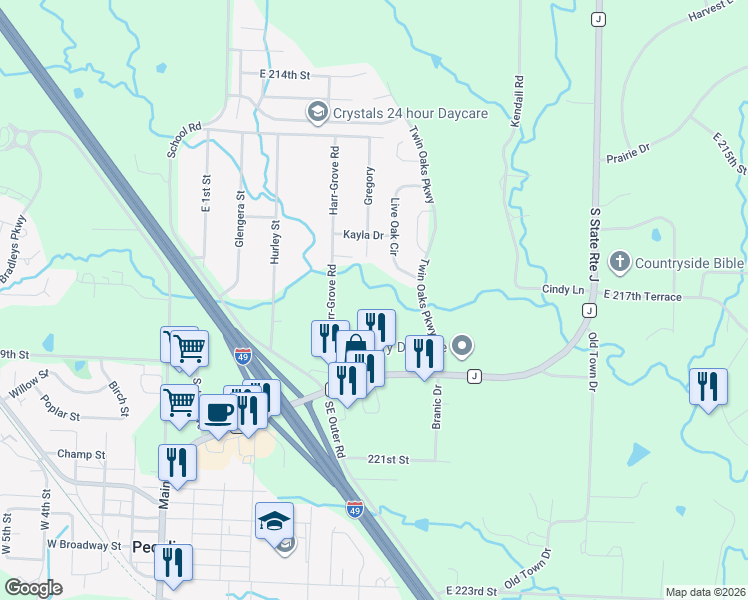 map of restaurants, bars, coffee shops, grocery stores, and more near 12501 Live Oak Circle in Peculiar