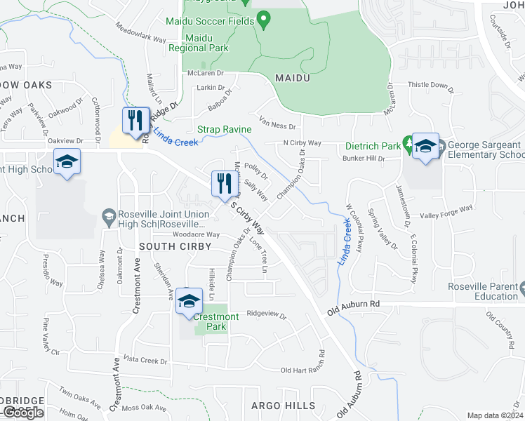 map of restaurants, bars, coffee shops, grocery stores, and more near 1314 Champion Oaks Drive in Roseville