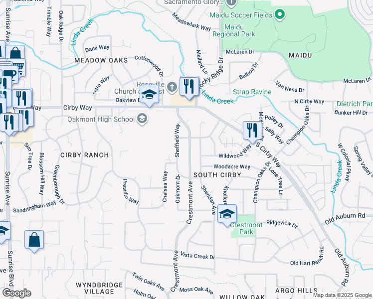 map of restaurants, bars, coffee shops, grocery stores, and more near 1306 Crestmont Avenue in Roseville