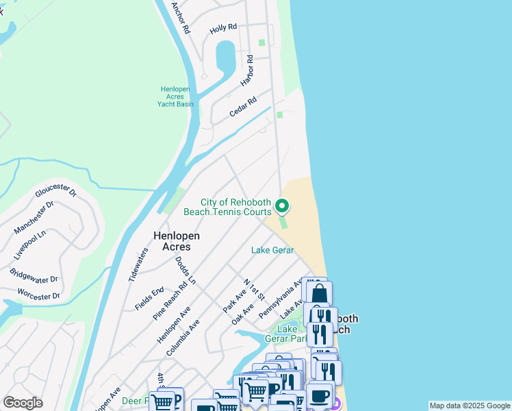 map of restaurants, bars, coffee shops, grocery stores, and more near 12 Pine Reach Road in Rehoboth Beach