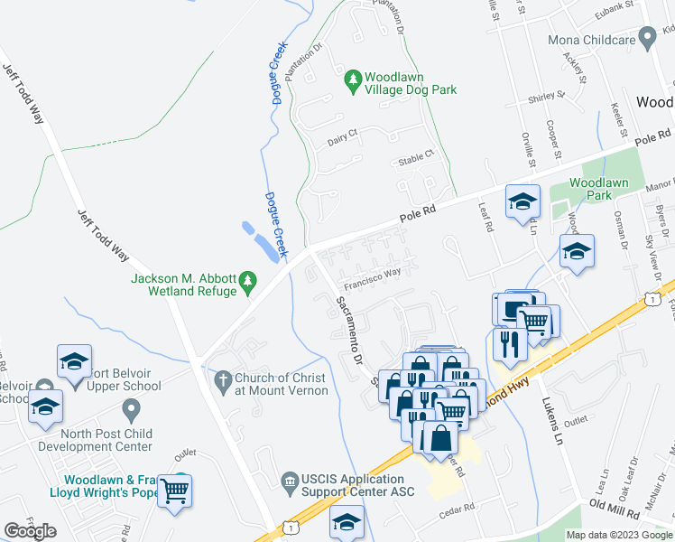 map of restaurants, bars, coffee shops, grocery stores, and more near 8402 Fuerte Court in Alexandria
