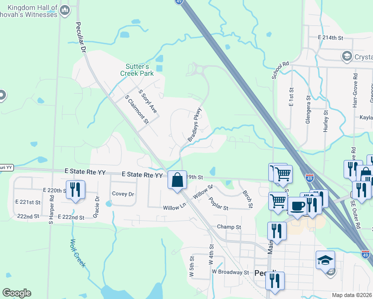 map of restaurants, bars, coffee shops, grocery stores, and more near 11002 Highview Road in Peculiar