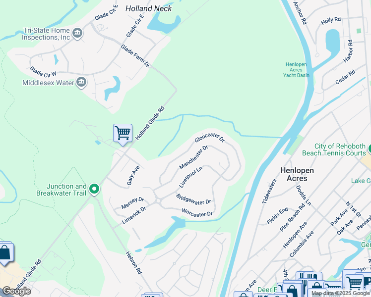 map of restaurants, bars, coffee shops, grocery stores, and more near 41255 Gloucester Drive in Rehoboth Beach