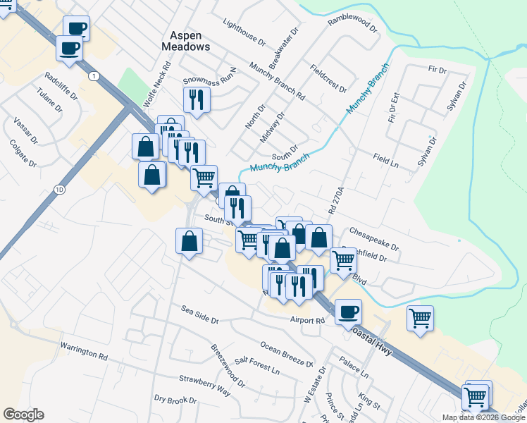 map of restaurants, bars, coffee shops, grocery stores, and more near 100 Cascade Lane in Rehoboth Beach
