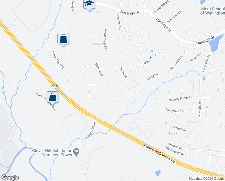 map of restaurants, bars, coffee shops, grocery stores, and more near 10385 Godwin Drive in Manassas