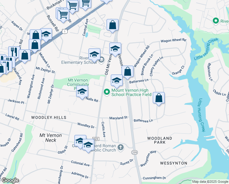 map of restaurants, bars, coffee shops, grocery stores, and more near 8515 Old Mount Vernon Road in Alexandria