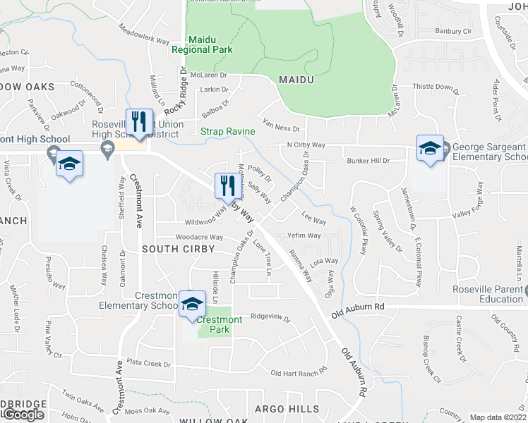 map of restaurants, bars, coffee shops, grocery stores, and more near 2003 Rebecca Court in Roseville