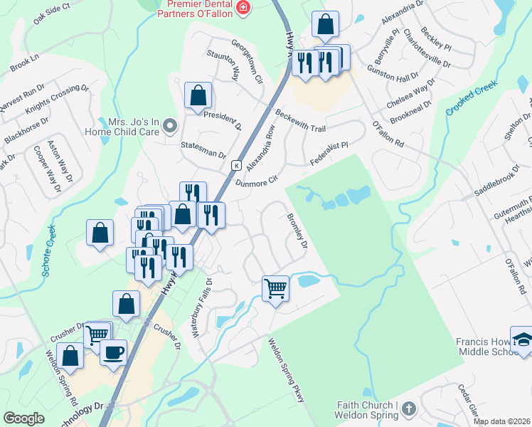 map of restaurants, bars, coffee shops, grocery stores, and more near 2732 Bromley Drive in O'Fallon